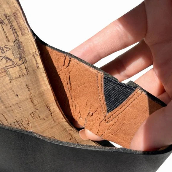 Lucky Brand Magnolia Cork Wedge Sandals Black Leather Slides Boho Comfort Size 8 - Picture 11 of 13